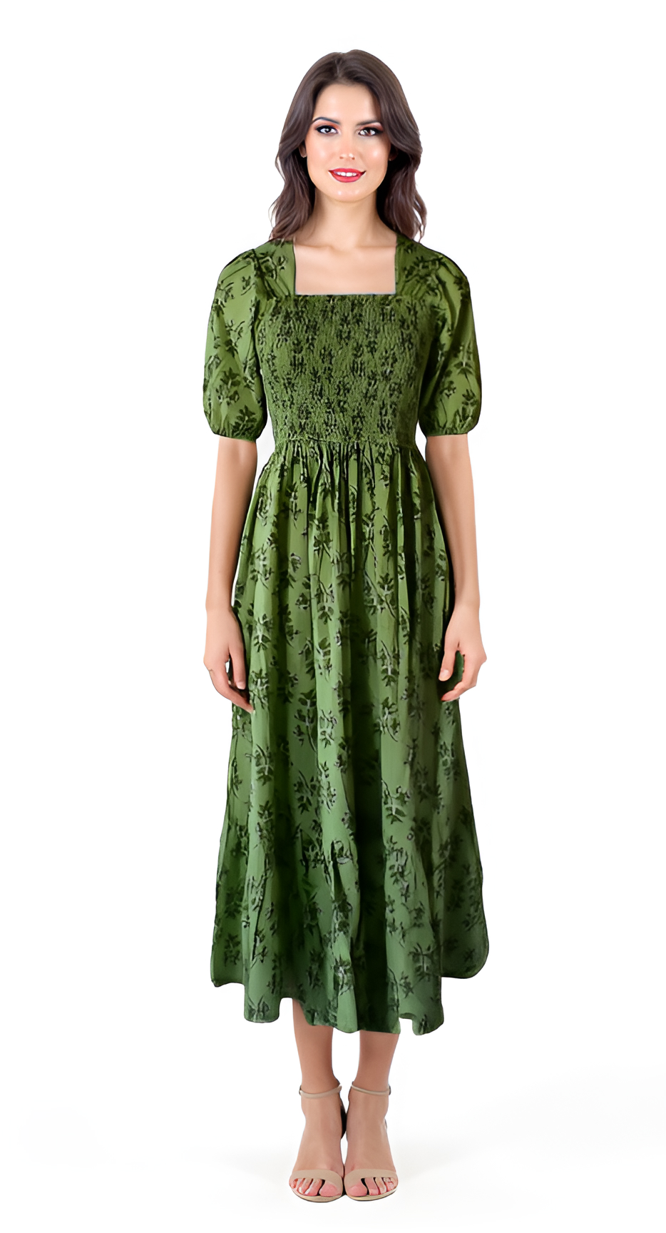 Smocking Dress Forest Green Printed Cotton Casual Wear