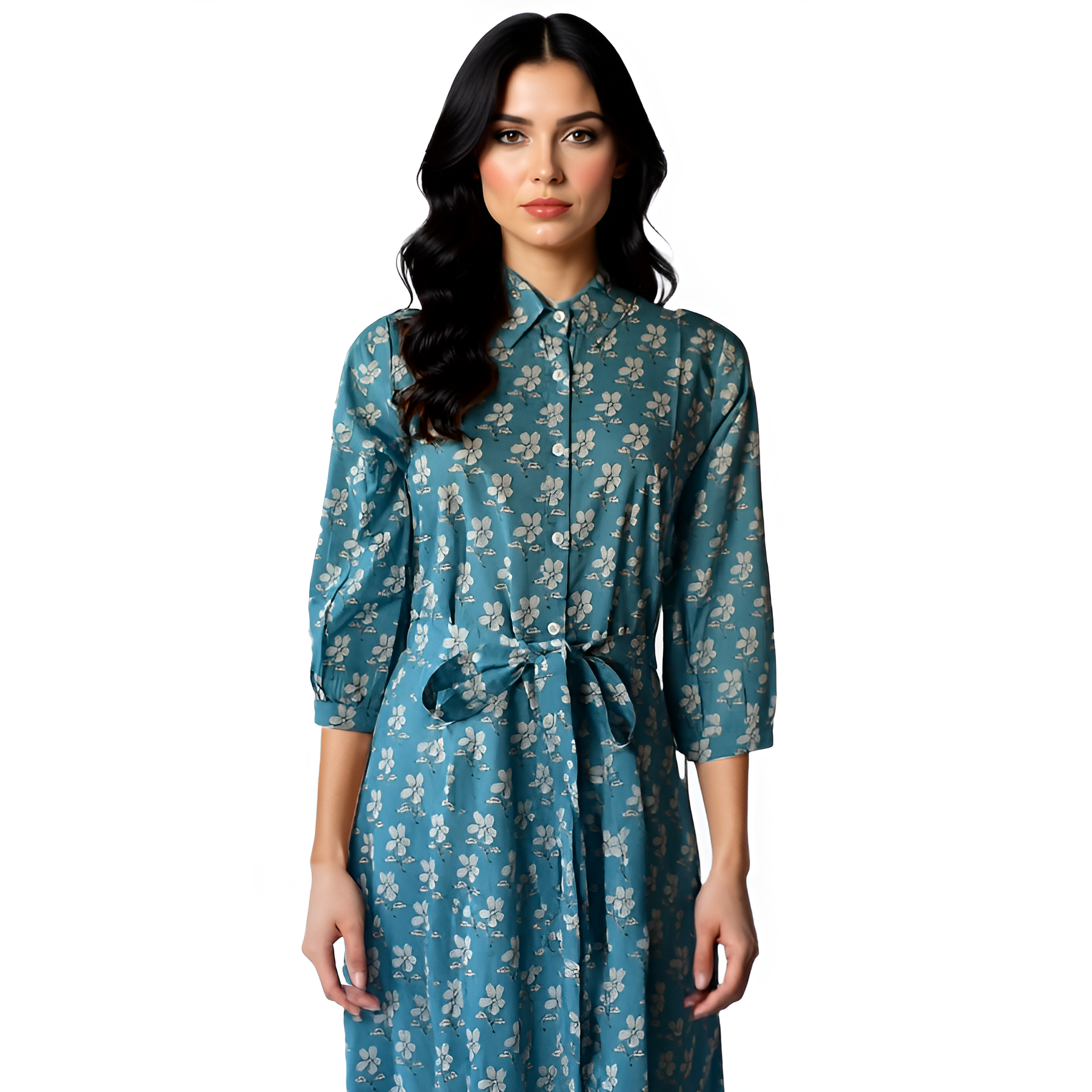Aqua Hand Printed Cotton Long Shirt Dress for Women