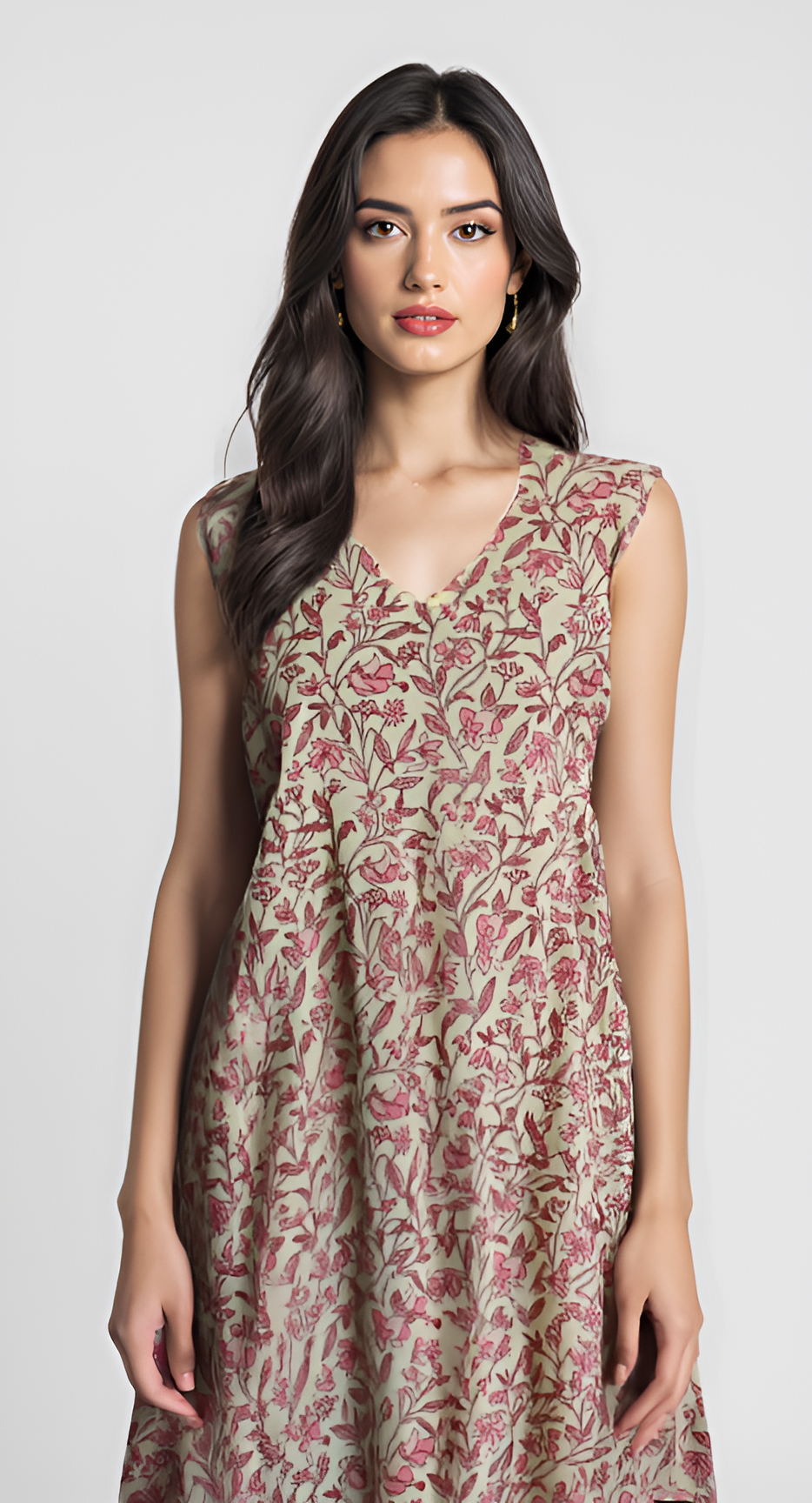 Sleeveless Beige Pink Hand Printed Cotton Dress 100 Cotton Casual Wear