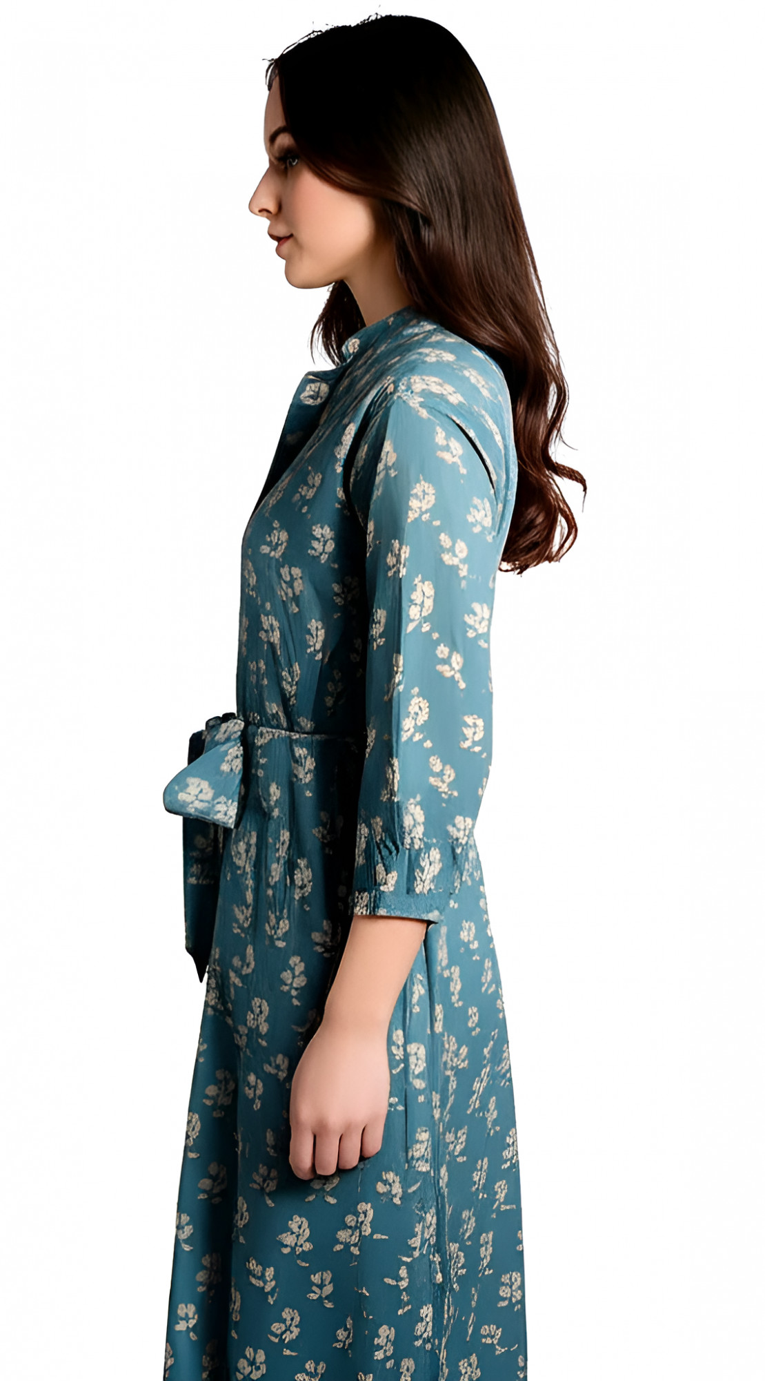 Aqua Hand Printed Cotton Long Shirt Dress for Women