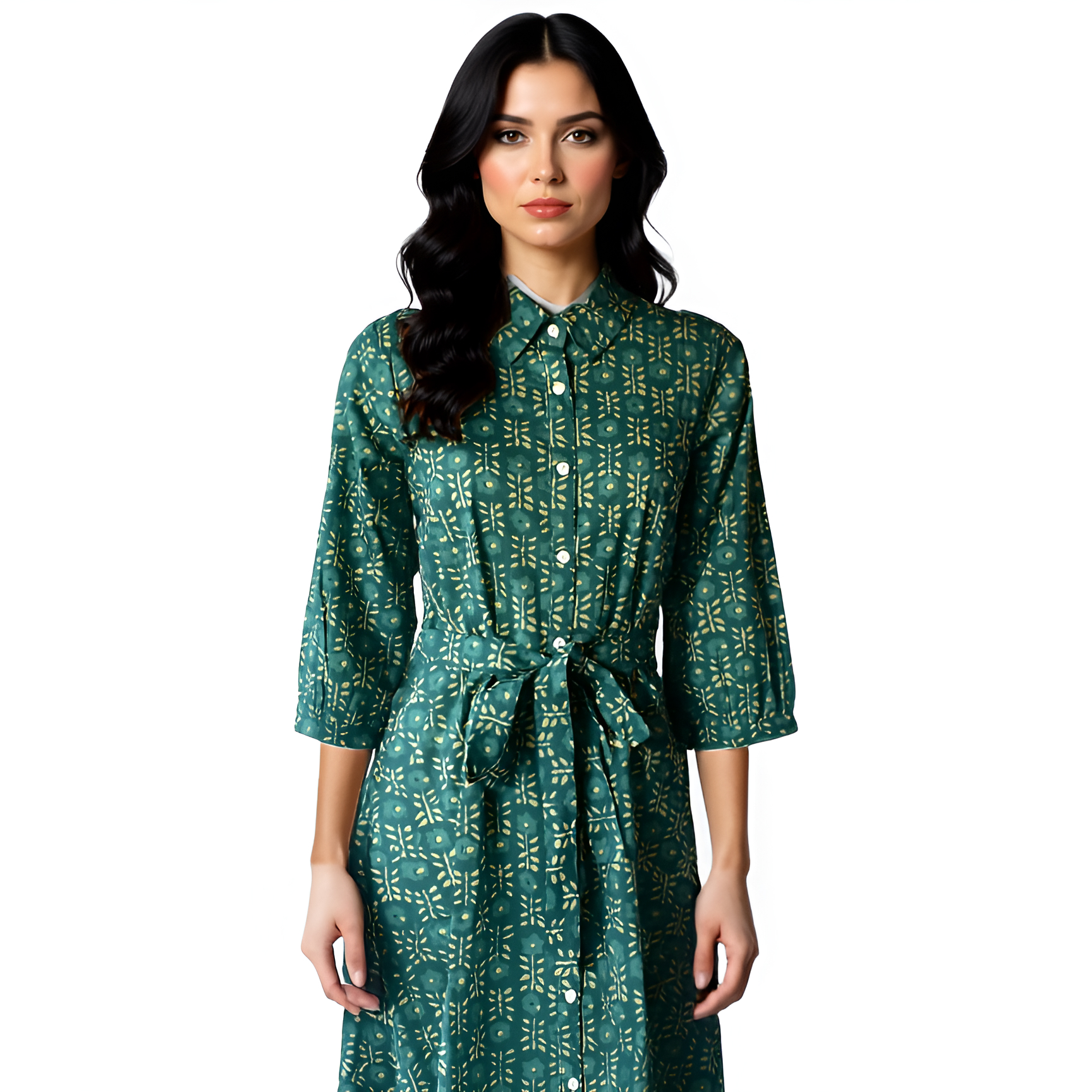 English Green Hand Printed Cotton Long Shirt Dress for Women