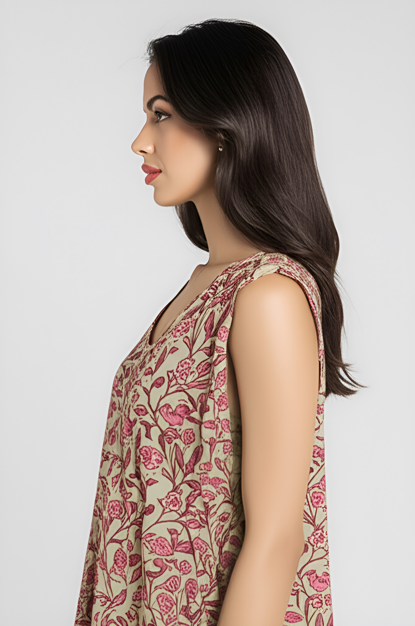 Sleeveless Beige Pink Hand Printed Cotton Dress 100 Cotton Casual Wear