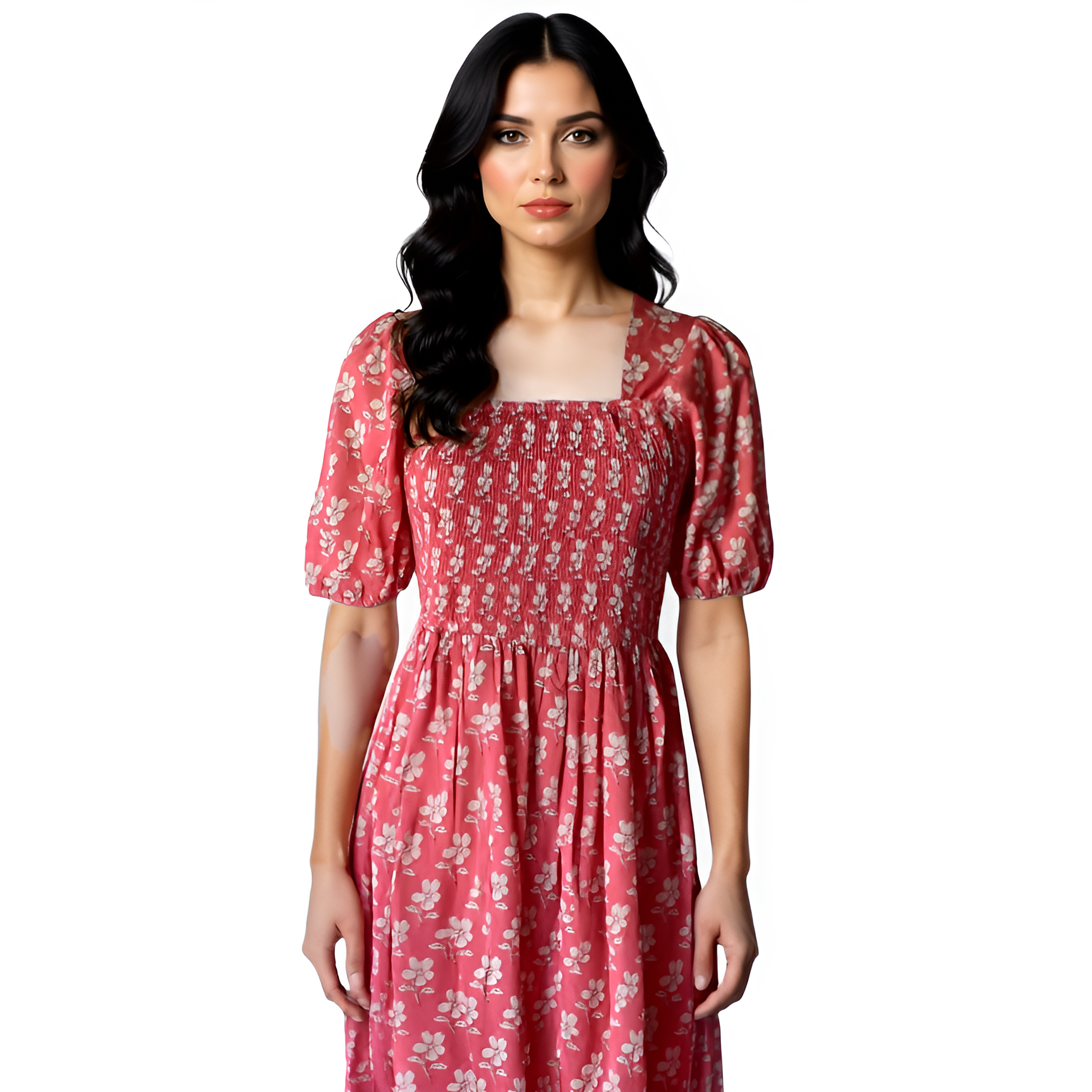 Smocking Dress  Pink Printed Cotton Casual Wear