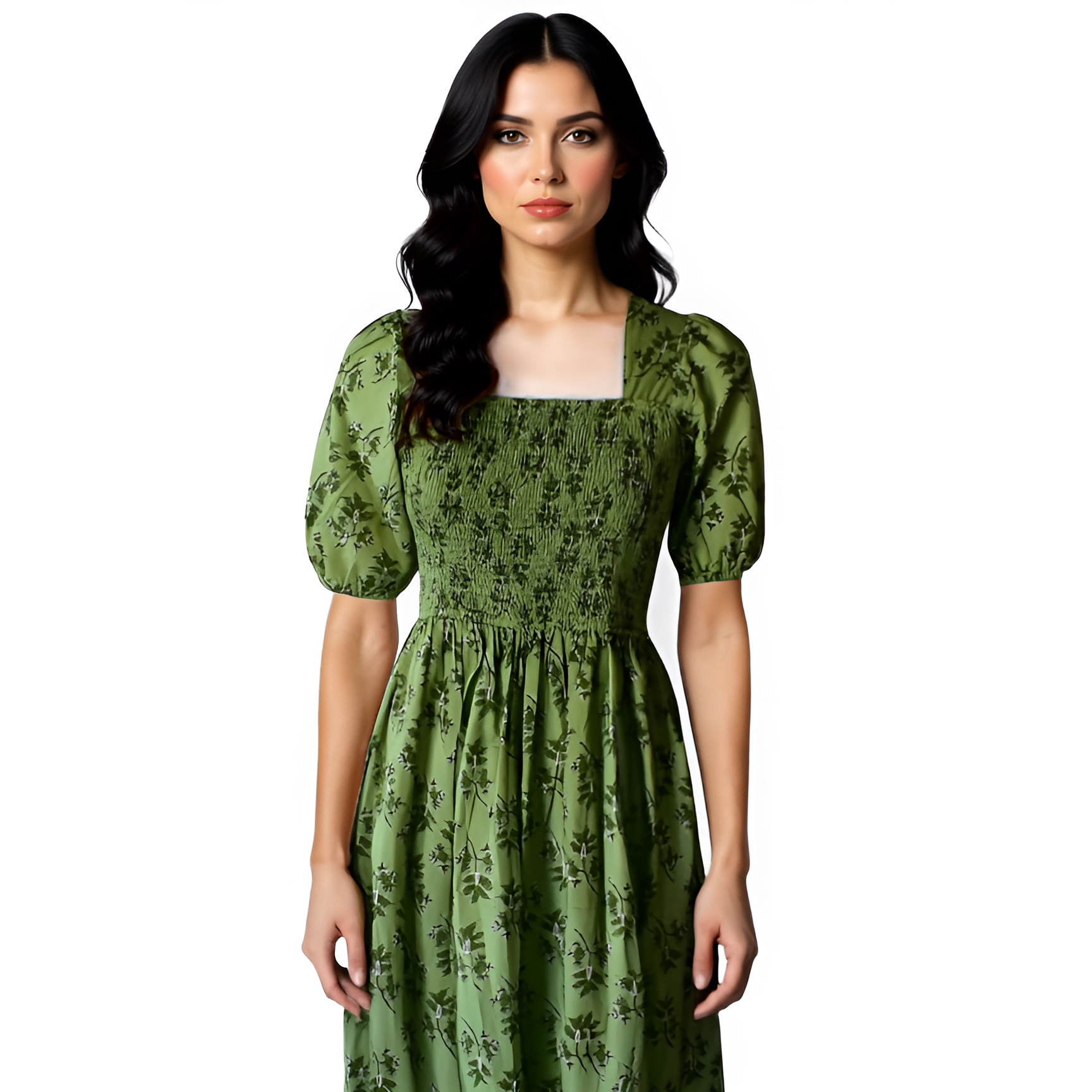 Smocking Dress Forest Green Printed Cotton Casual Wear