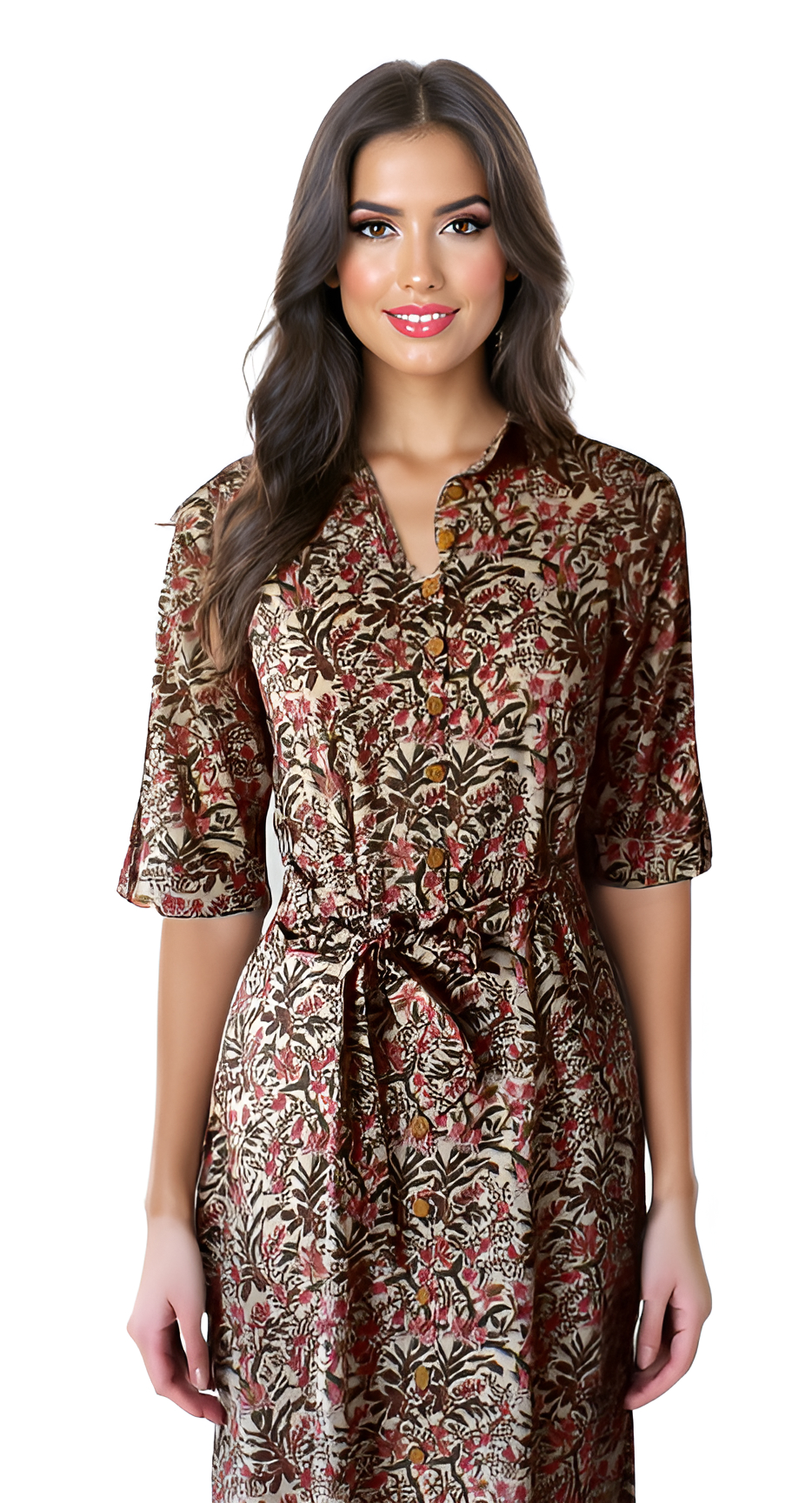 Floral Beige Hand Printed Cotton Long Shirt Dress for Women