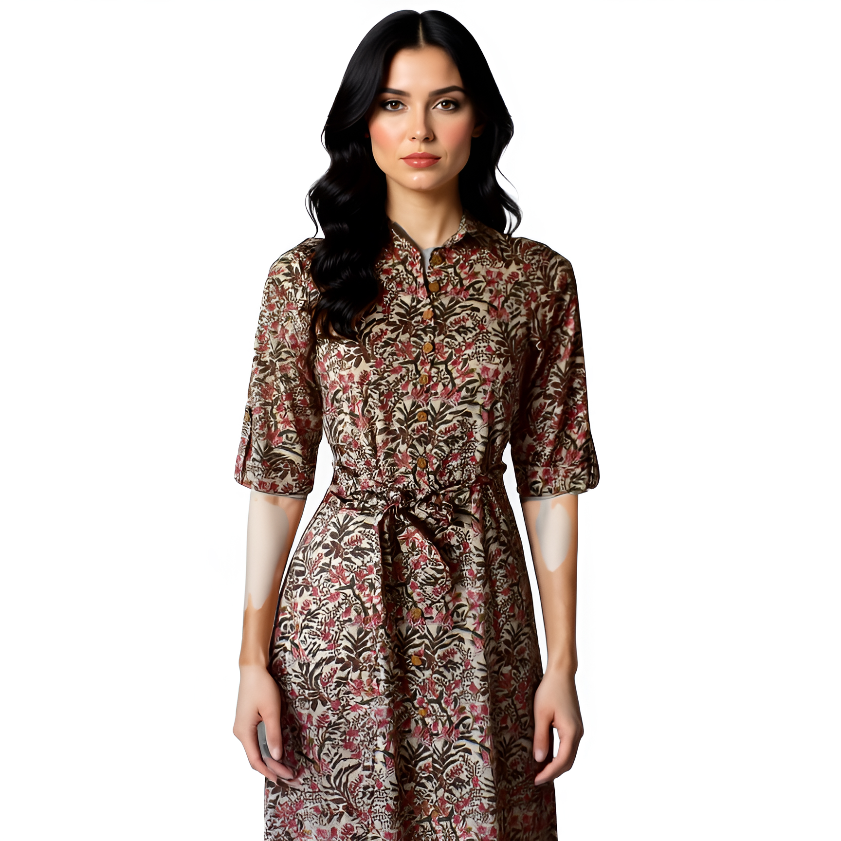 Floral Beige Hand Printed Cotton Long Shirt Dress for Women