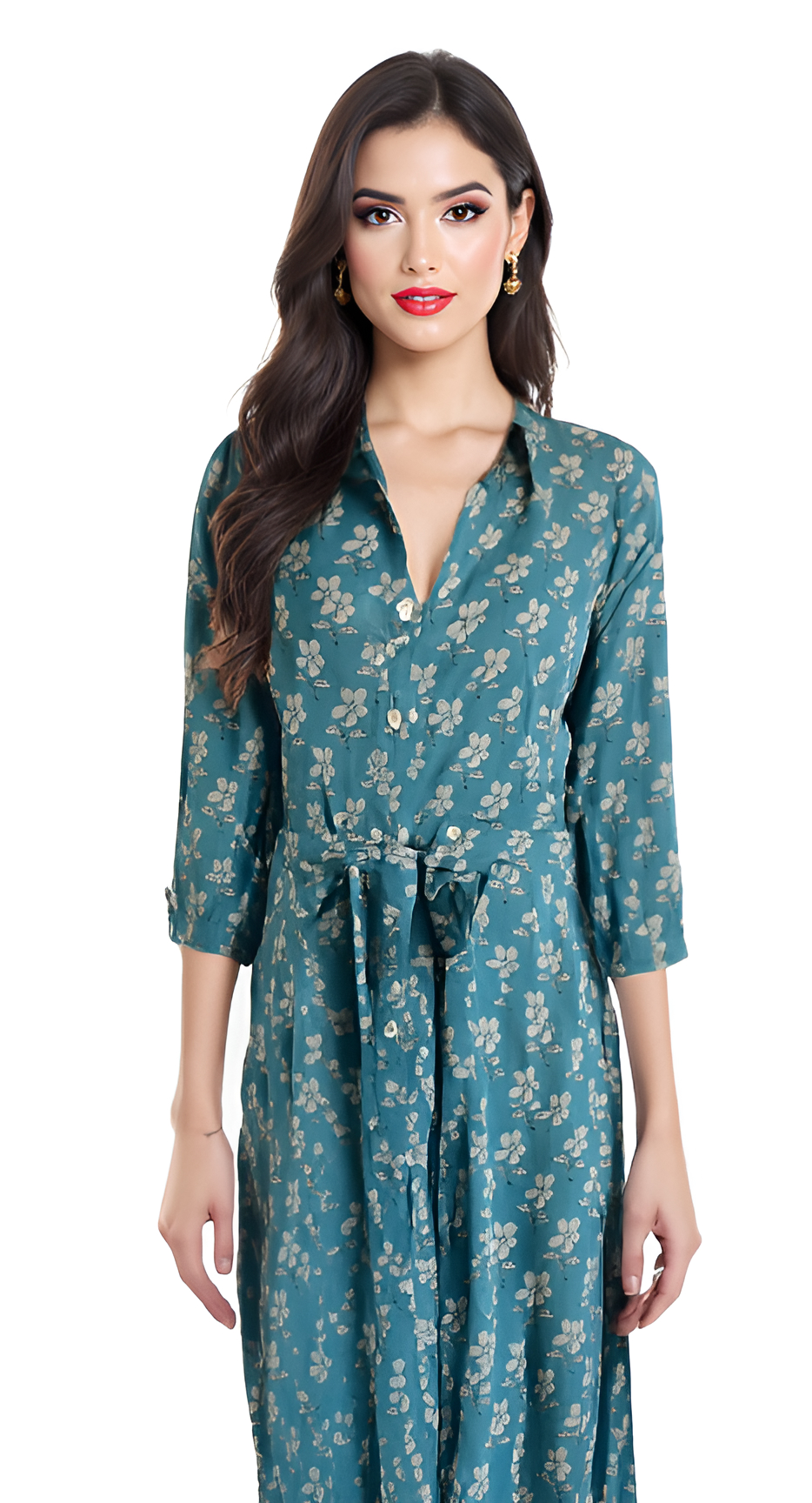 Aqua Hand Printed Cotton Long Shirt Dress for Women