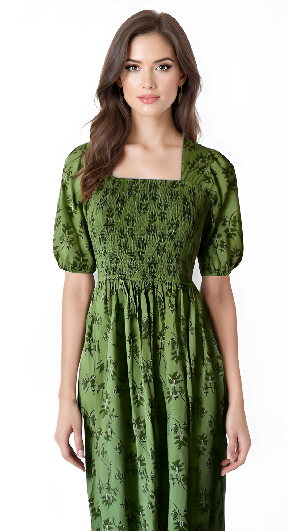 Smocking Dress  Forest Green Printed Cotton Casual Wear