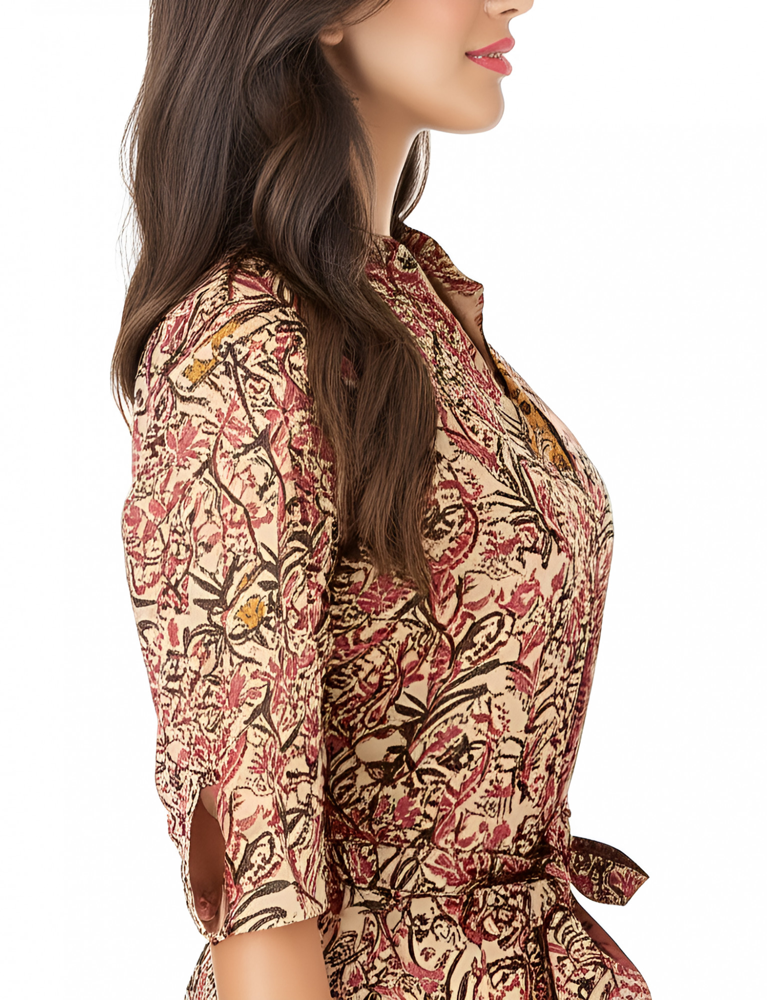 Floral Beige Hand Printed Cotton Long Shirt Dress for Women