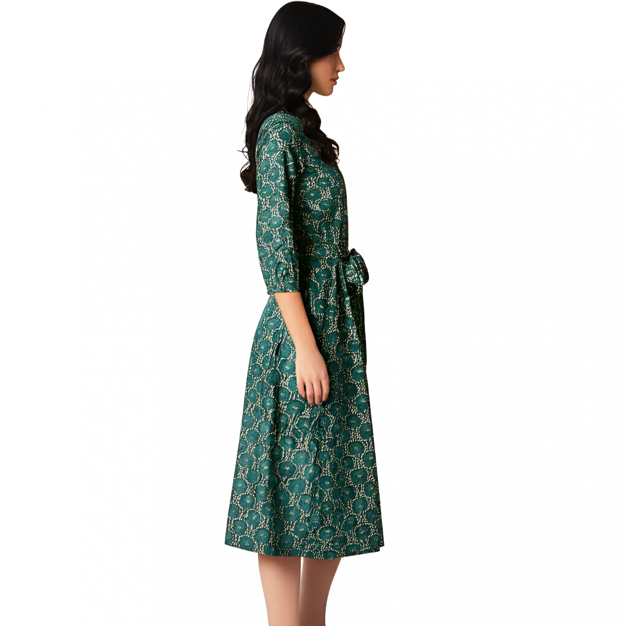 English Green Hand Printed Cotton Long Shirt Dress for Women