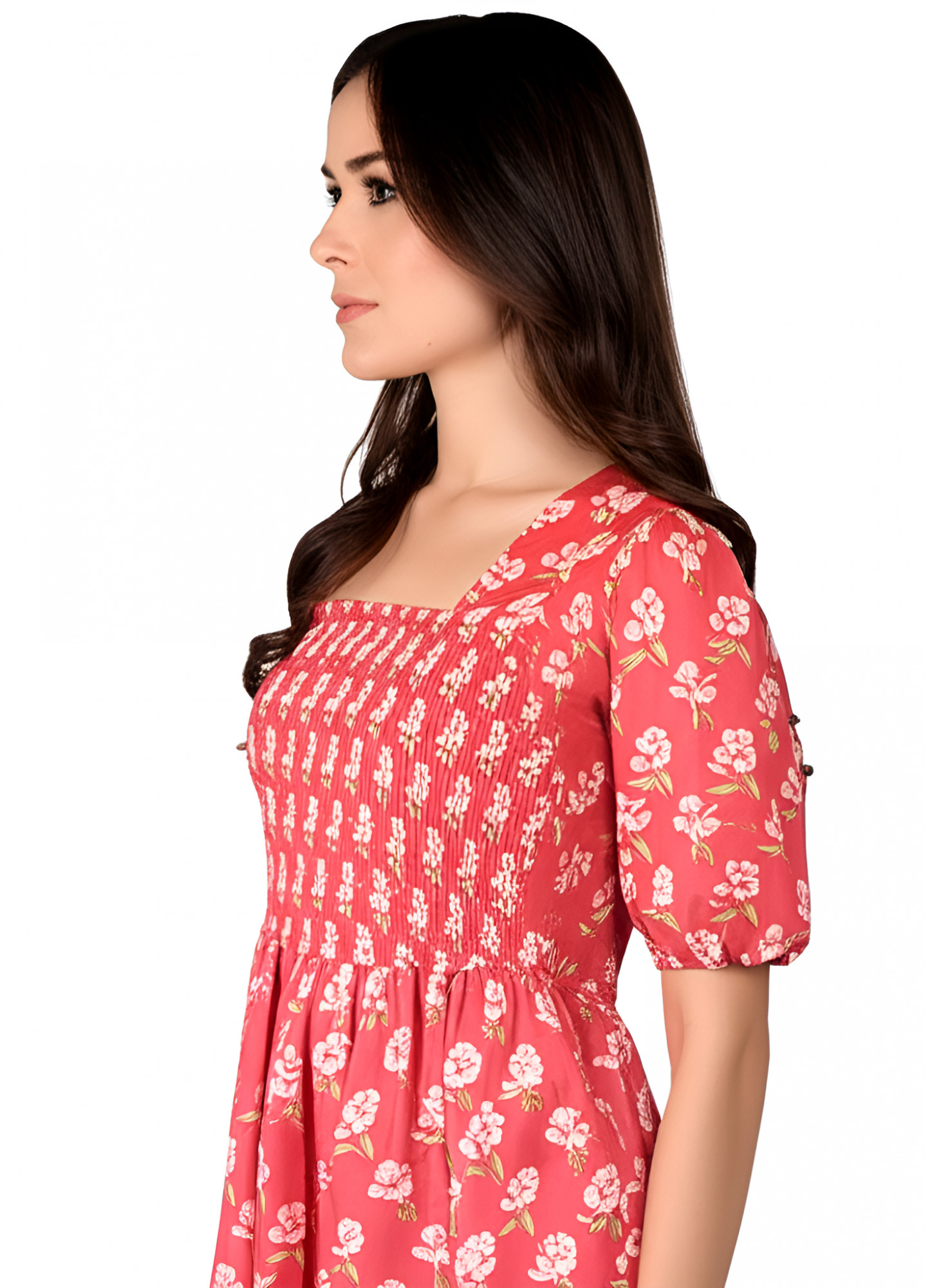 Smocking Dress  Pink Printed Cotton Casual Wear