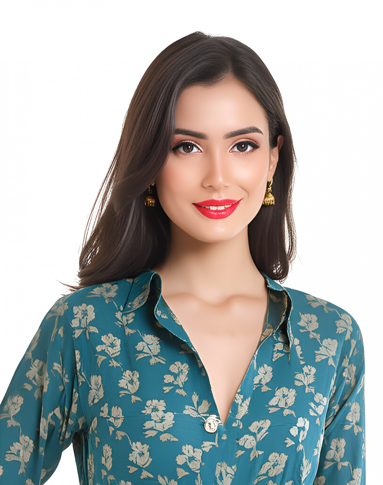 Aqua Hand Printed Cotton Long Shirt Dress for Women