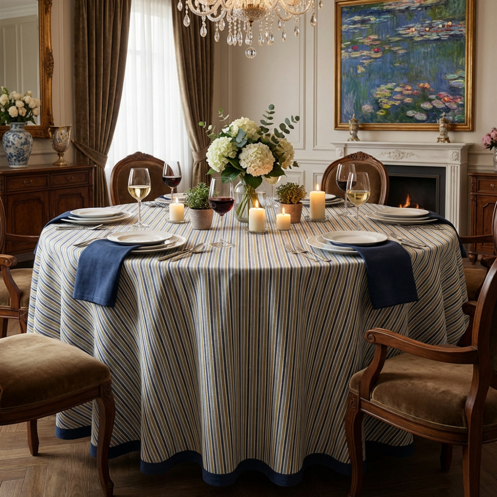 Image of Hand Block Printed Cotton Round Tablecloth 220 cms| Three Stripe Starlight 202213