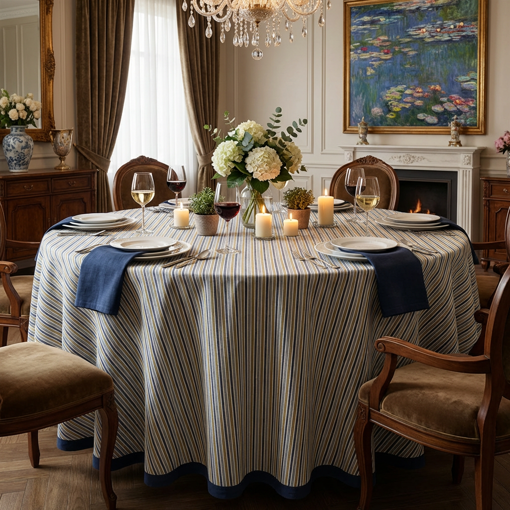 Hand Block Printed Cotton Round Tablecloth 180 cms  Three Stripe Starlight 202213