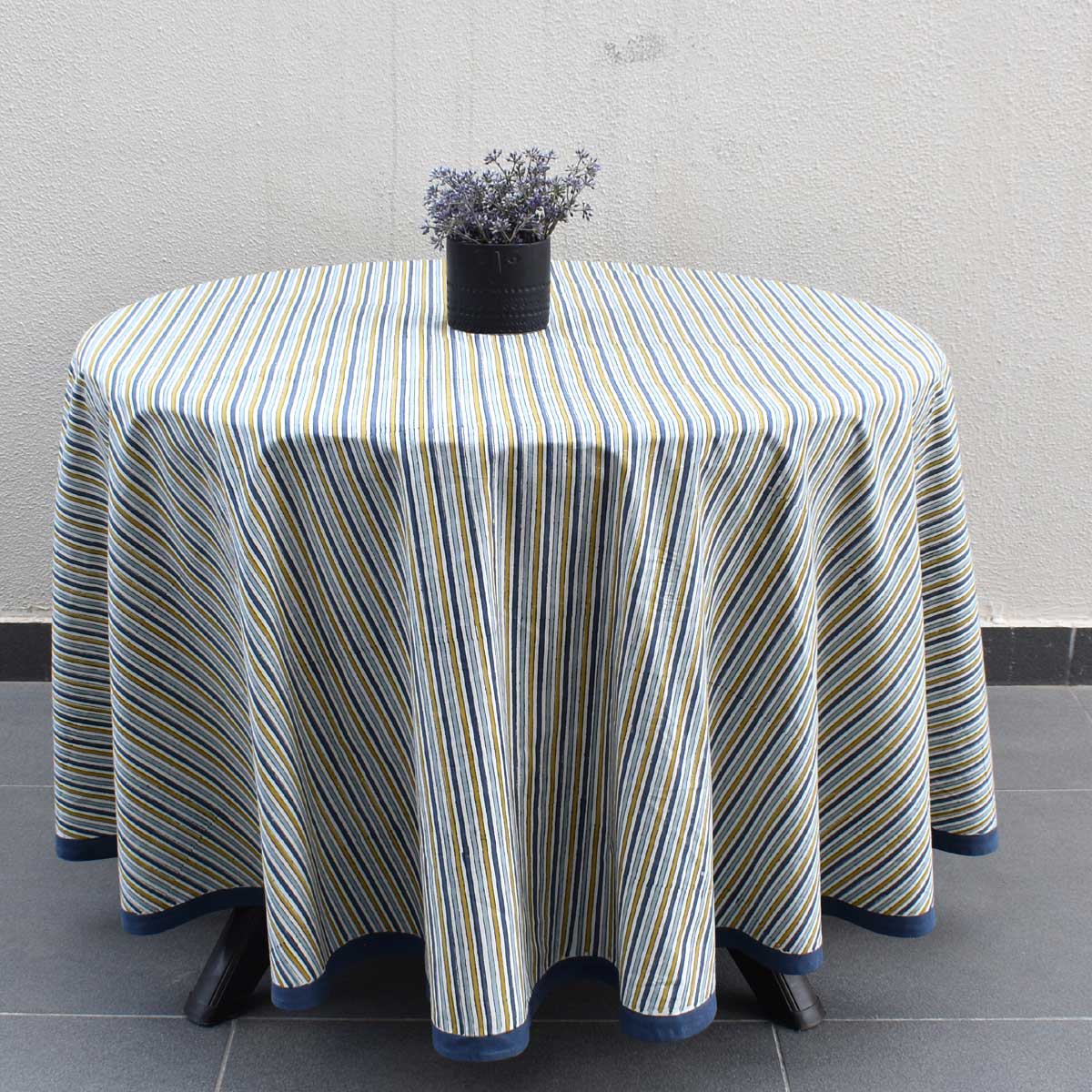 Hand Block Printed Cotton Round Tablecloth 180 cms  Three Stripe Starlight 202213
