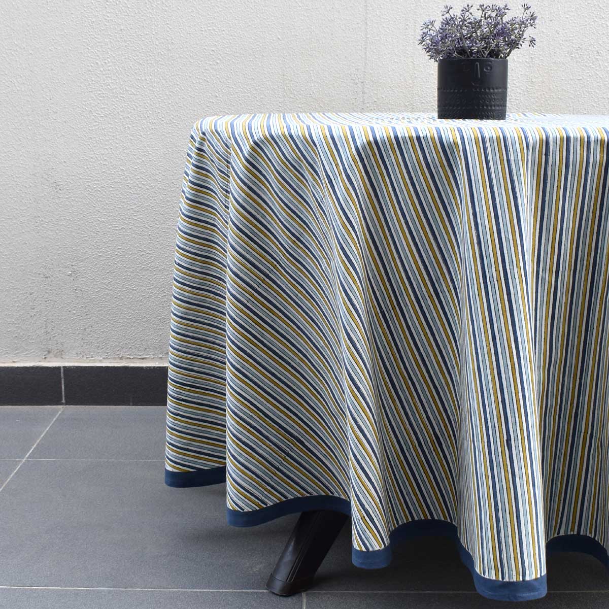 Hand Block Printed Cotton Round Tablecloth 180 cms  Three Stripe Starlight 202213
