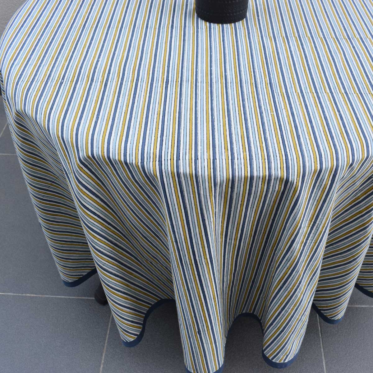 Hand Block Printed Cotton Round Tablecloth 180 cms Three Stripe Starlight 202213