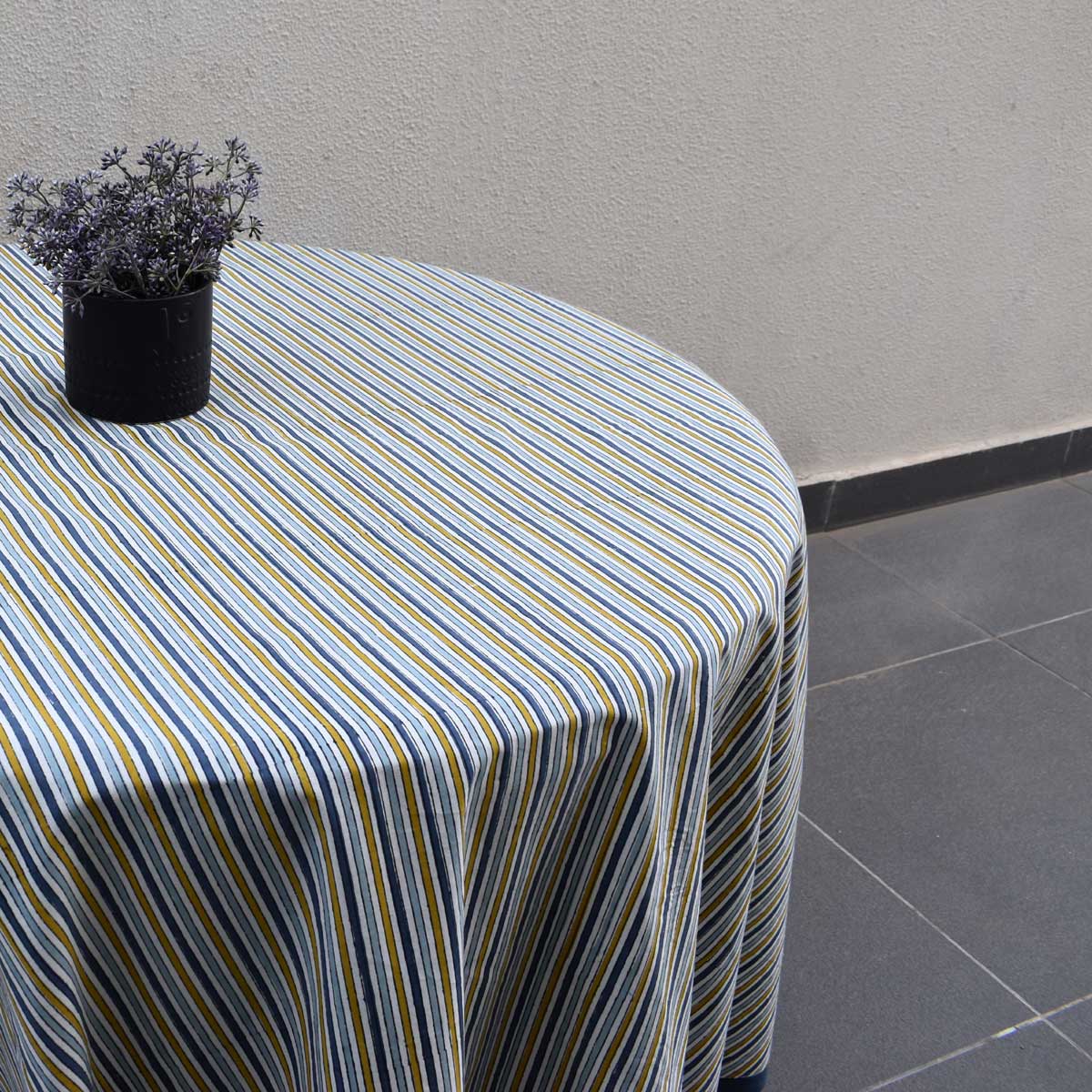 Hand Block Printed Cotton Round Tablecloth 180 cms Three Stripe Starlight 202213