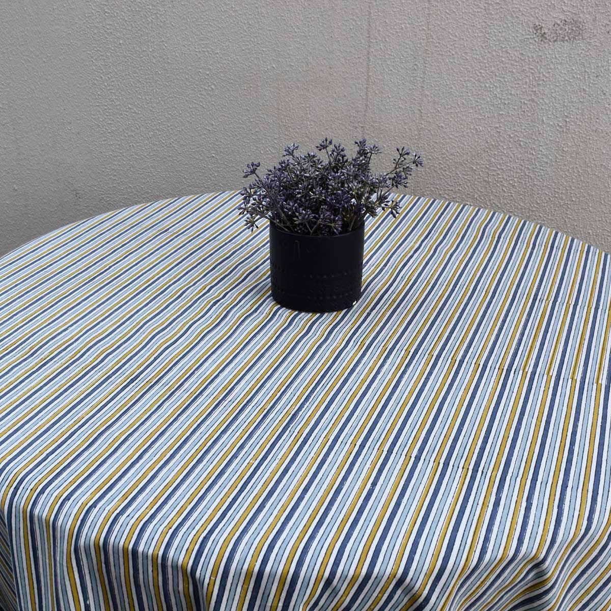 Hand Block Printed Cotton Round Tablecloth 180 cms Three Stripe Starlight 202213