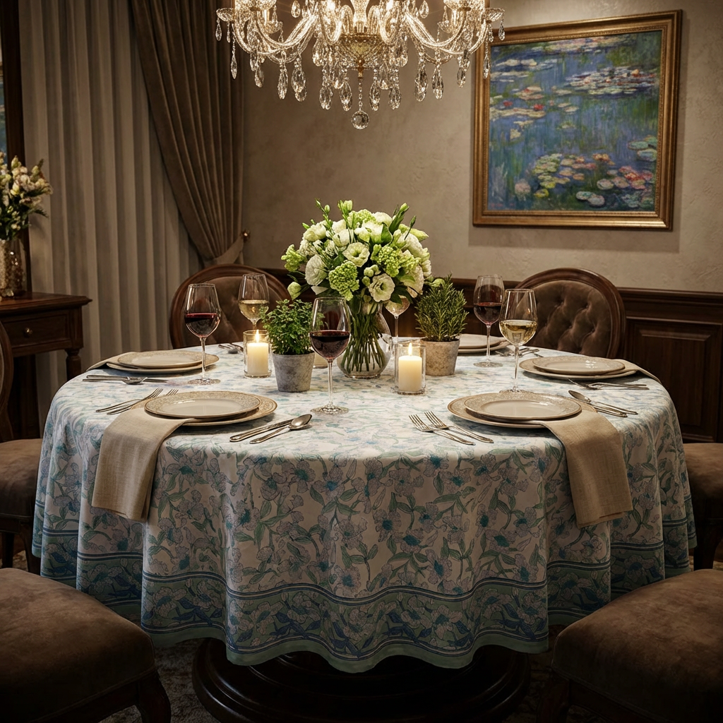 Hand Block Printed Cotton Round Tablecloth 150 cms Orchid Aqua Open 203894