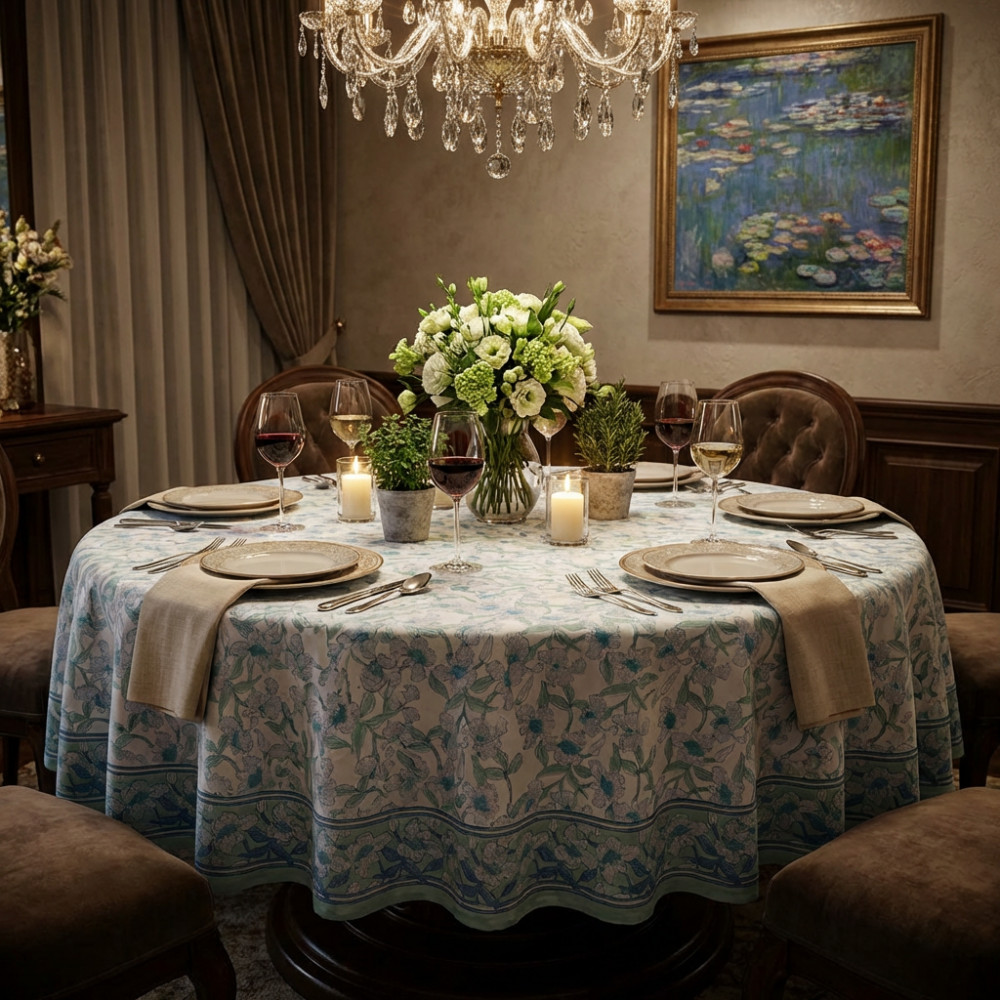 Image of Round 220 cms Cotton French Design Table Cover | Orchid Aqua Open 203894