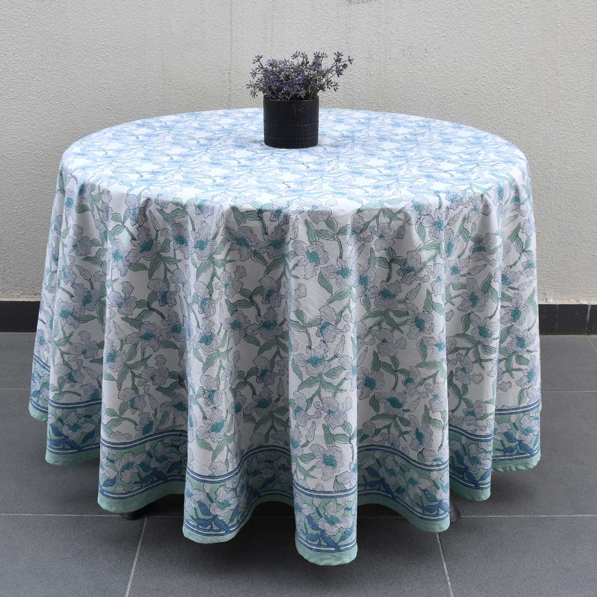 Hand Block Printed Cotton Round Tablecloth 150 cms Orchid Aqua Open 203894