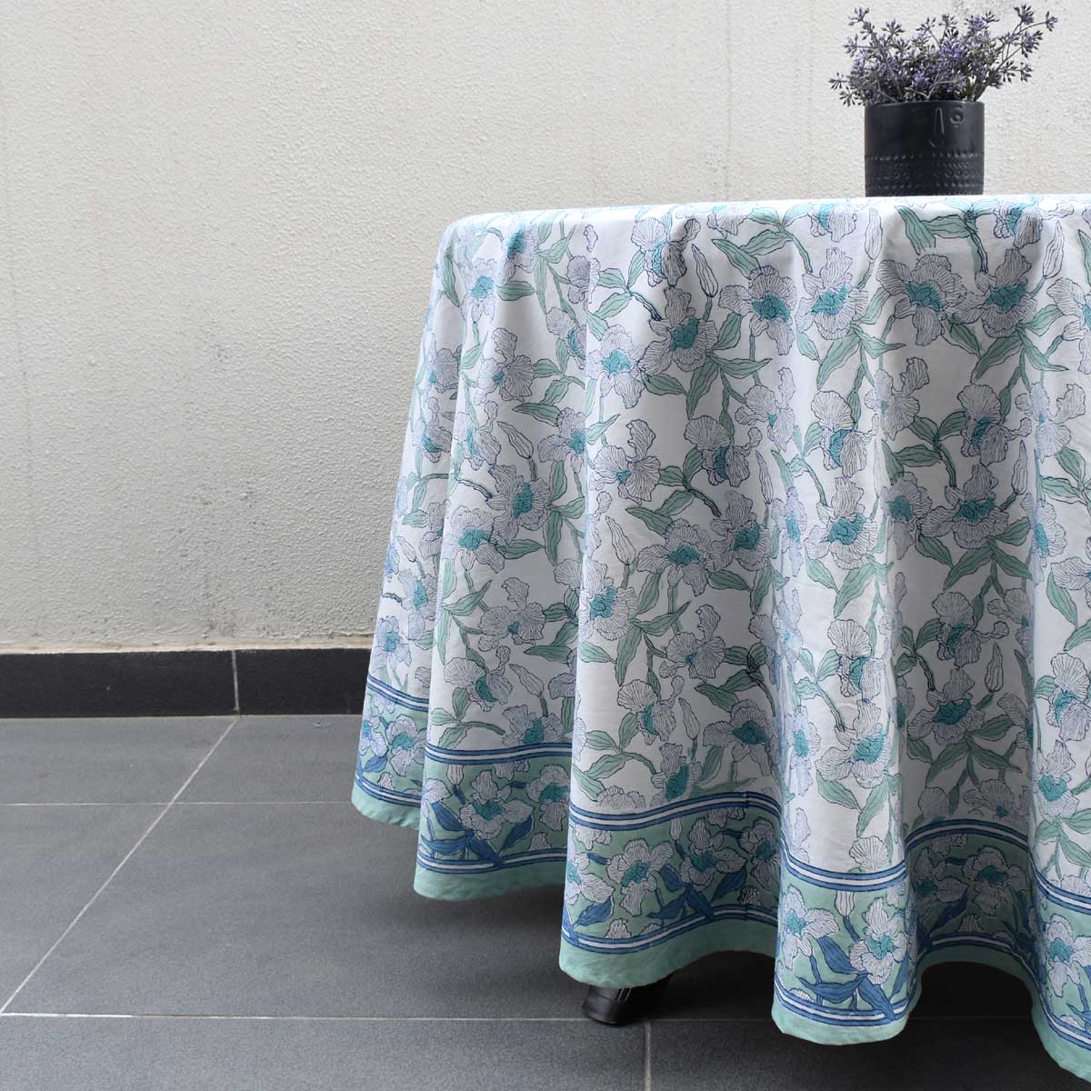Hand Block Printed Cotton Round Tablecloth 150 cms Orchid Aqua Open 203894