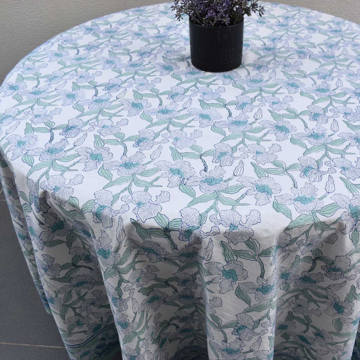 Hand Block Printed Cotton Round Tablecloth 150 cms Orchid Aqua Open 203894