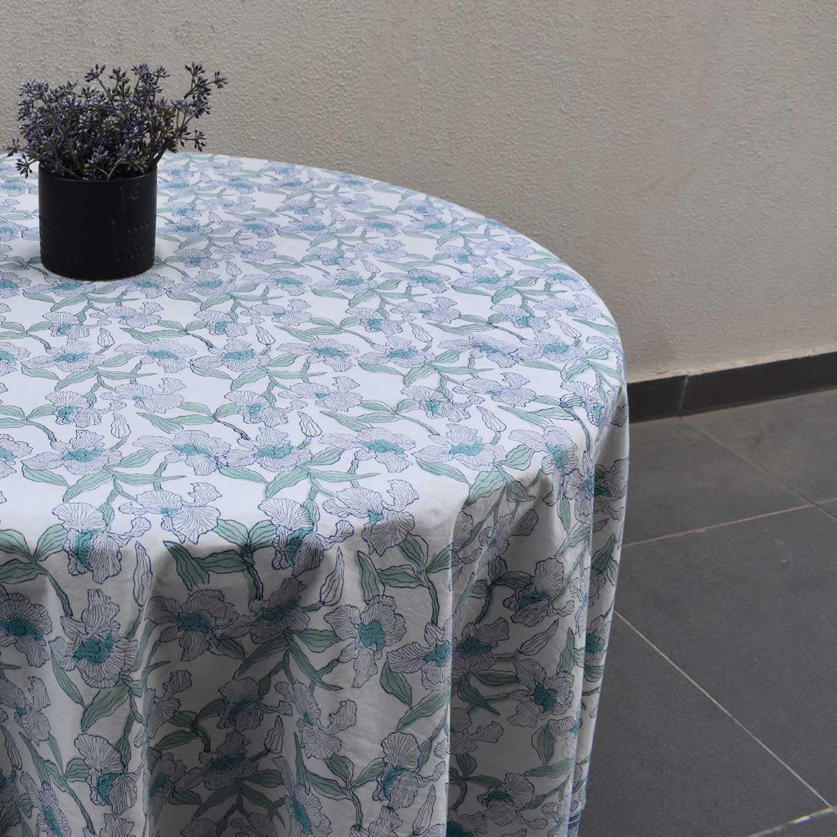 Hand Block Printed Cotton Round Tablecloth 150 cms Orchid Aqua Open 203894