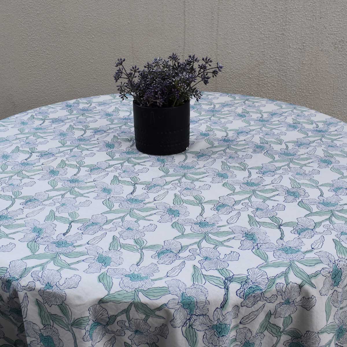 Hand Block Printed Cotton Round Tablecloth 150 cms Orchid Aqua Open 203894