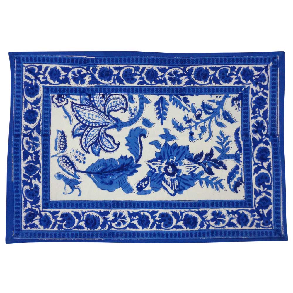 Hand Block Printed Cotton Canvas Table Mat 32x48 cms Set of 2 Table mats Anarkali Blue Open 106795