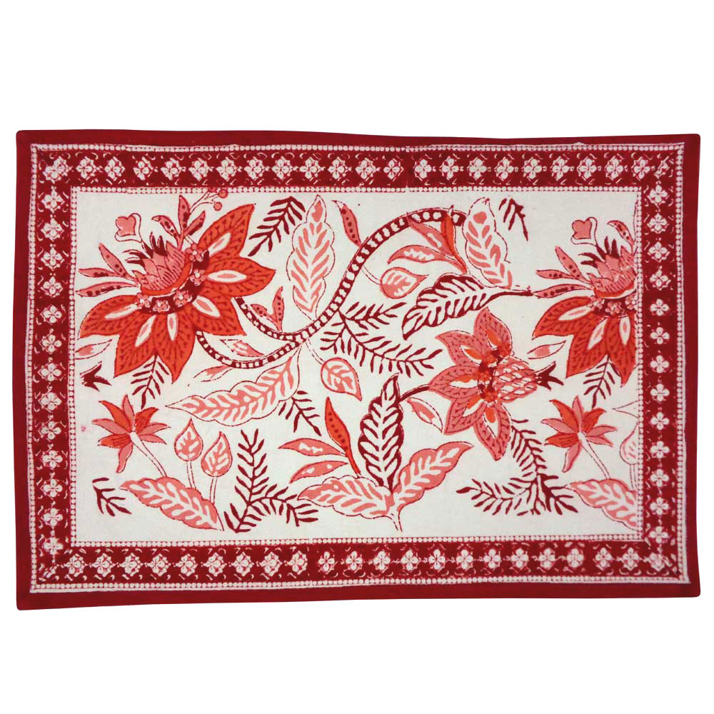 Hand Block Printed Cotton Canvas Table Mat 32x48 cms Set of 2 Table mats Bossanova Red Open 103700