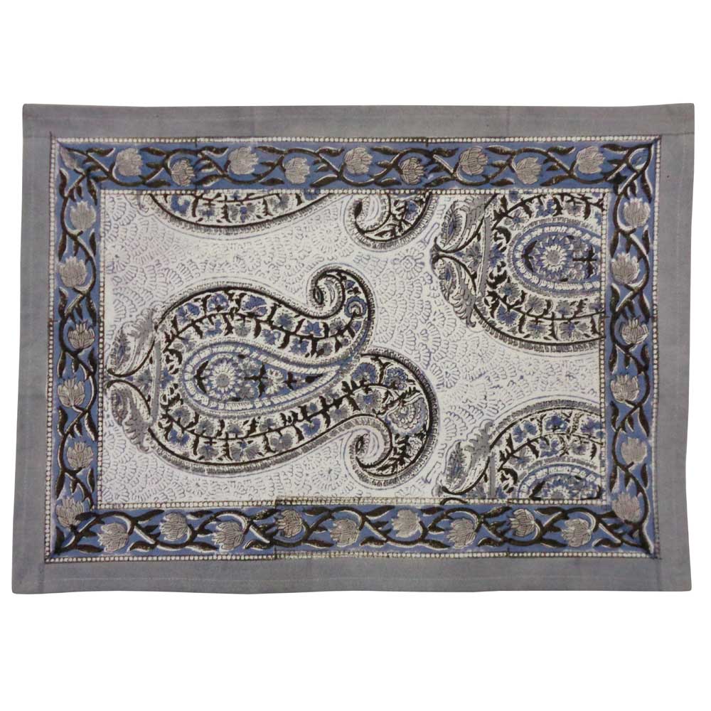 Hand Block Printed Cotton Canvas Table Mat 32x48 cms Set of 2 Table mats Big Paisley Brown 200021