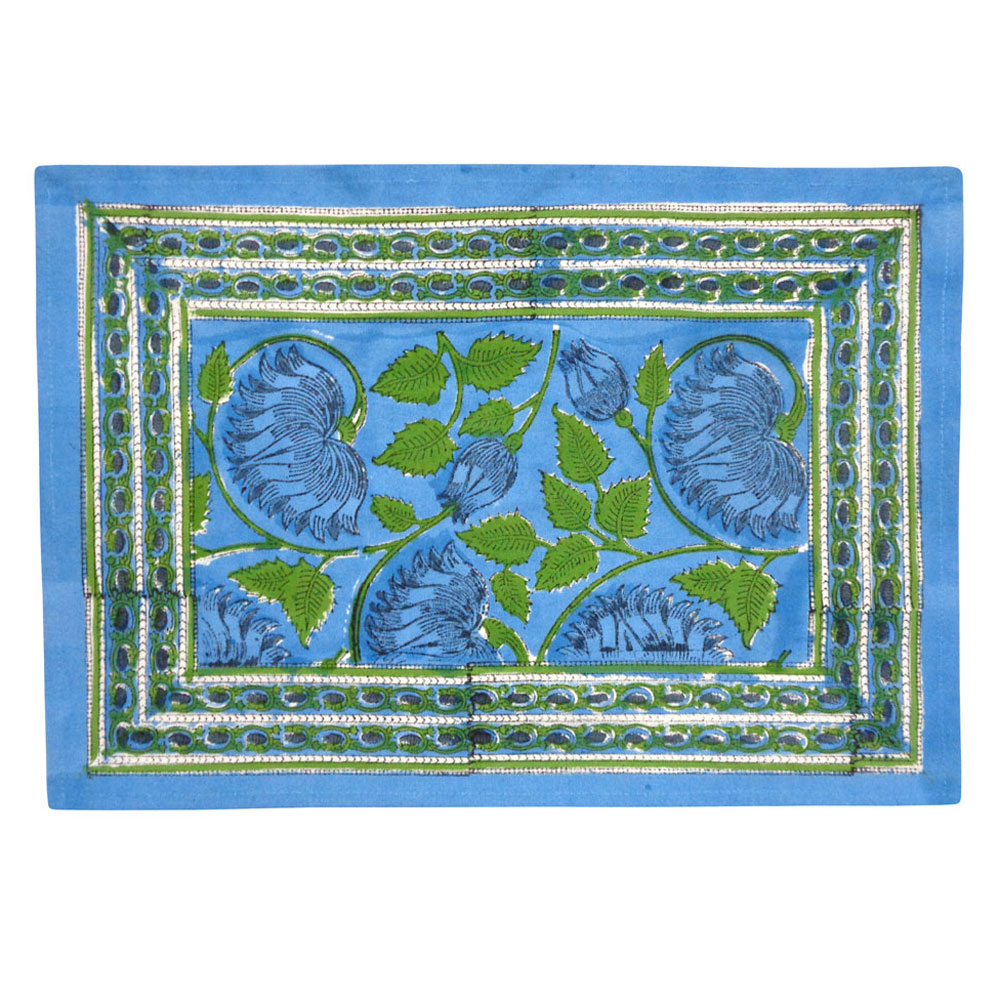 Hand Block Printed Cotton Canvas Table Mat 32x48 cms Set of 2 Table mats Kamal Aqua Gud 206678