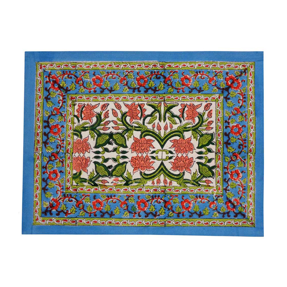 Hand Block Printed Cotton Canvas Table Mat 32x48 cms Set of 2 Table mats Lotus Green Open 106868
