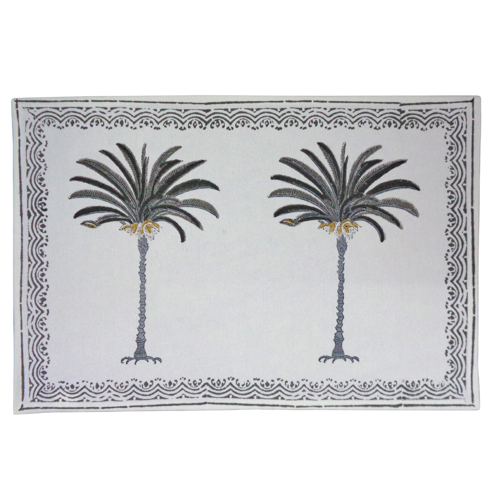 Hand Block Printed Cotton Canvas Table Mat 32x48 cms Set of 2 Table mats Palm Tree Grey 201754