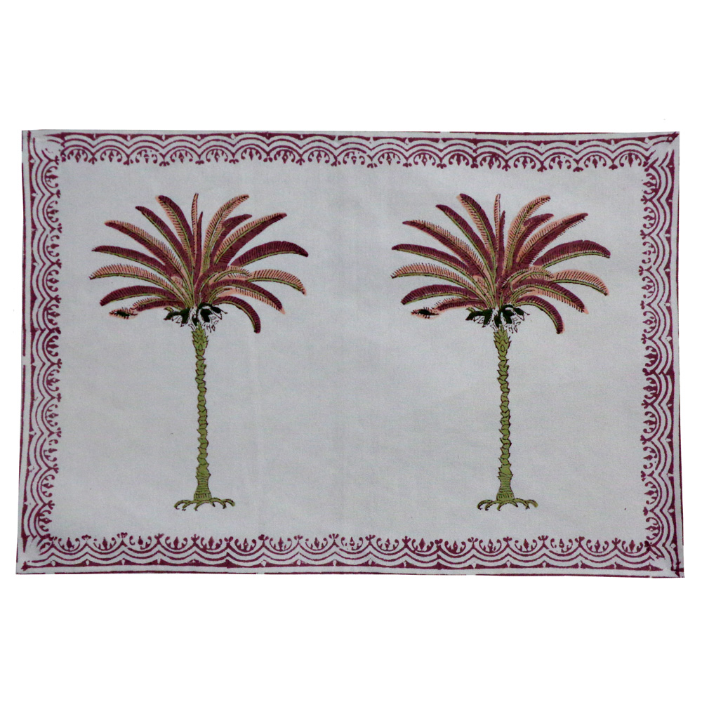 Hand Block Printed Canvas Table Mat 32x48 cms Set of 2 Table mats Palm Tree Pink 202080