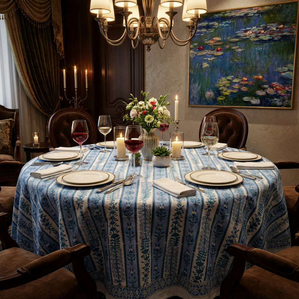 Image of Hand Block Printed Cotton Round Tablecloth 150 cms | Trellis Blue Booti 104113