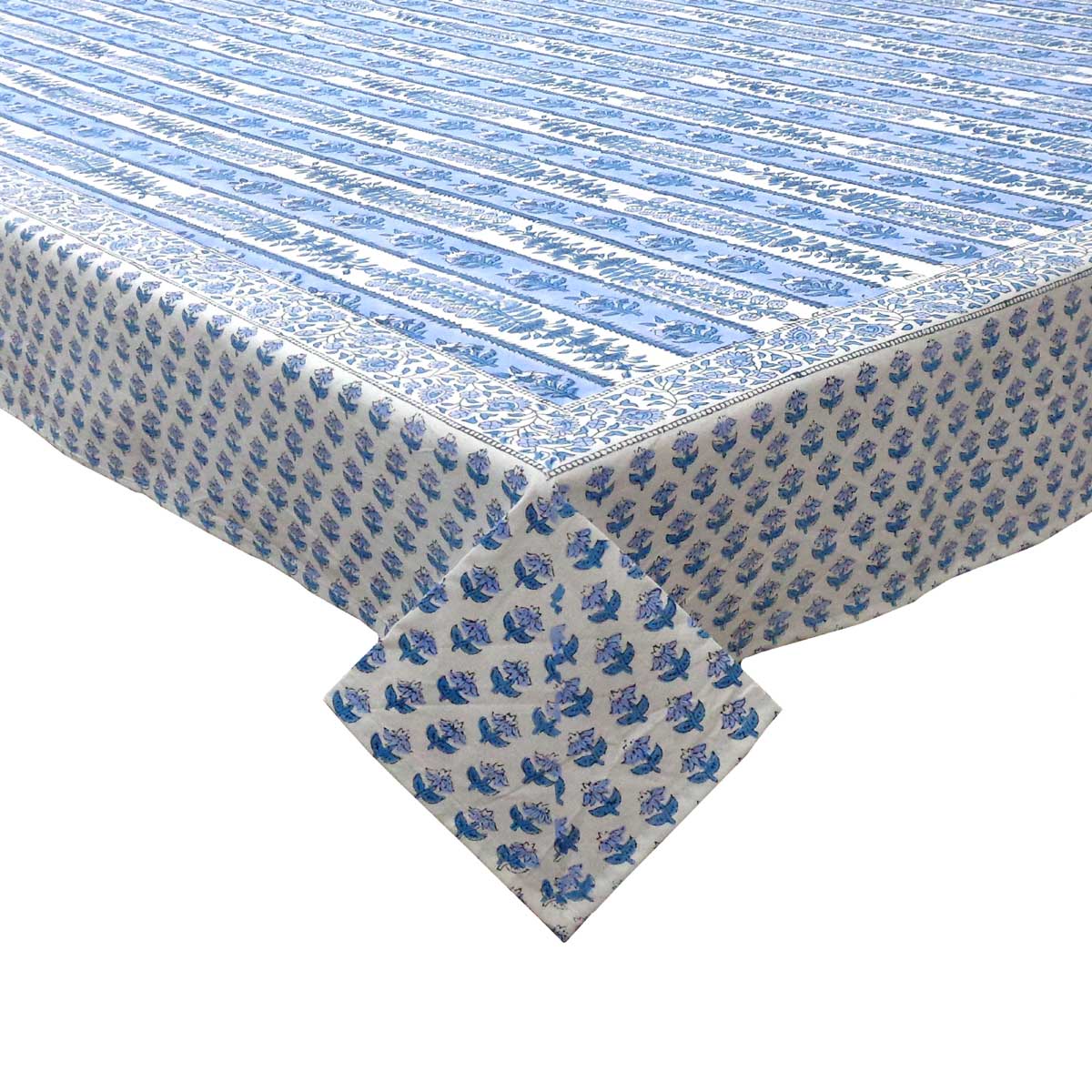 Hand Block Printed Cotton Tablecloth 180x340 cms Trellis Blue Booti 104113