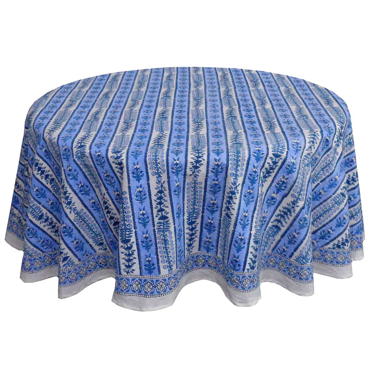Hand Block Printed Cotton Round Tablecloth 180 cms Trellis Blue Booti 104113