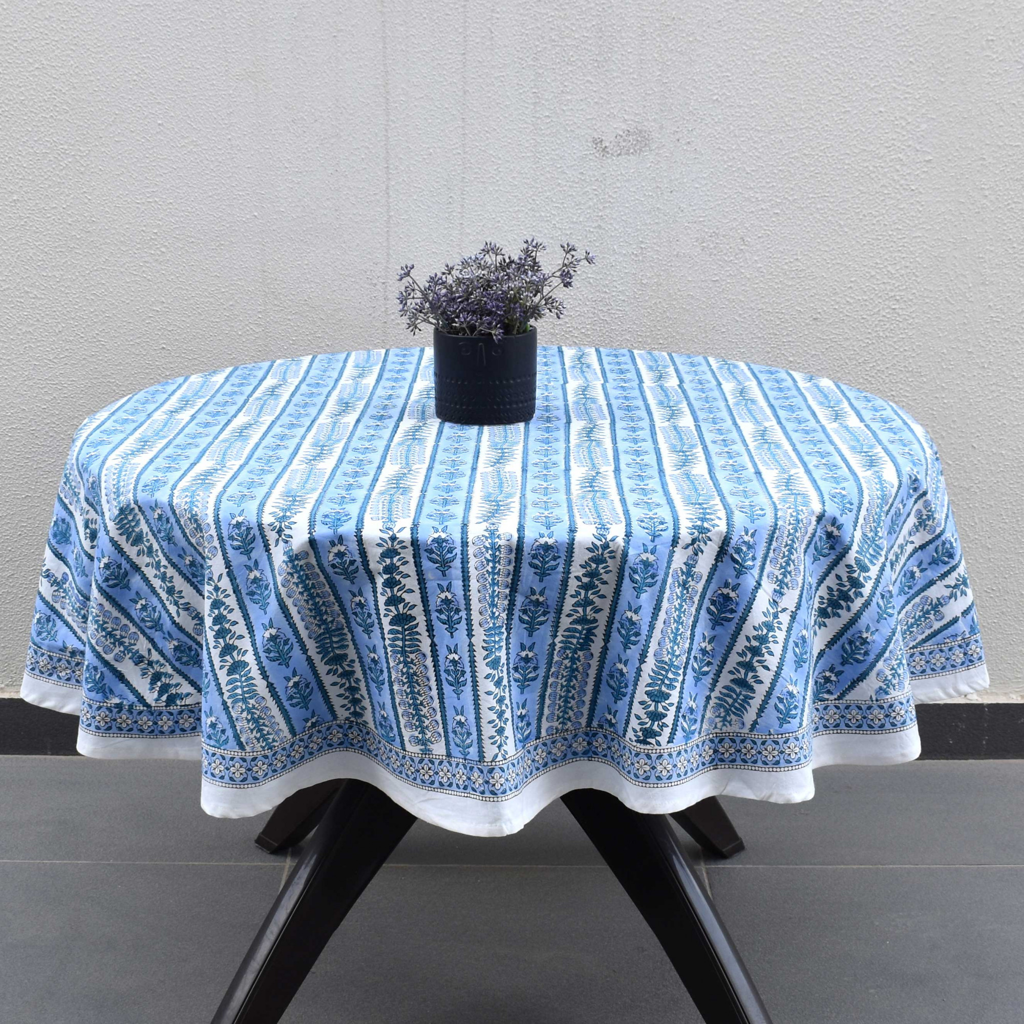 Hand Block Printed Cotton Round Tablecloth 150 cms Trellis Blue Booti 104113