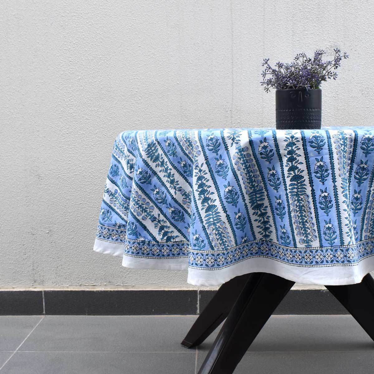 Hand Block Printed Cotton Round Tablecloth 150 cms Trellis Blue Booti 104113