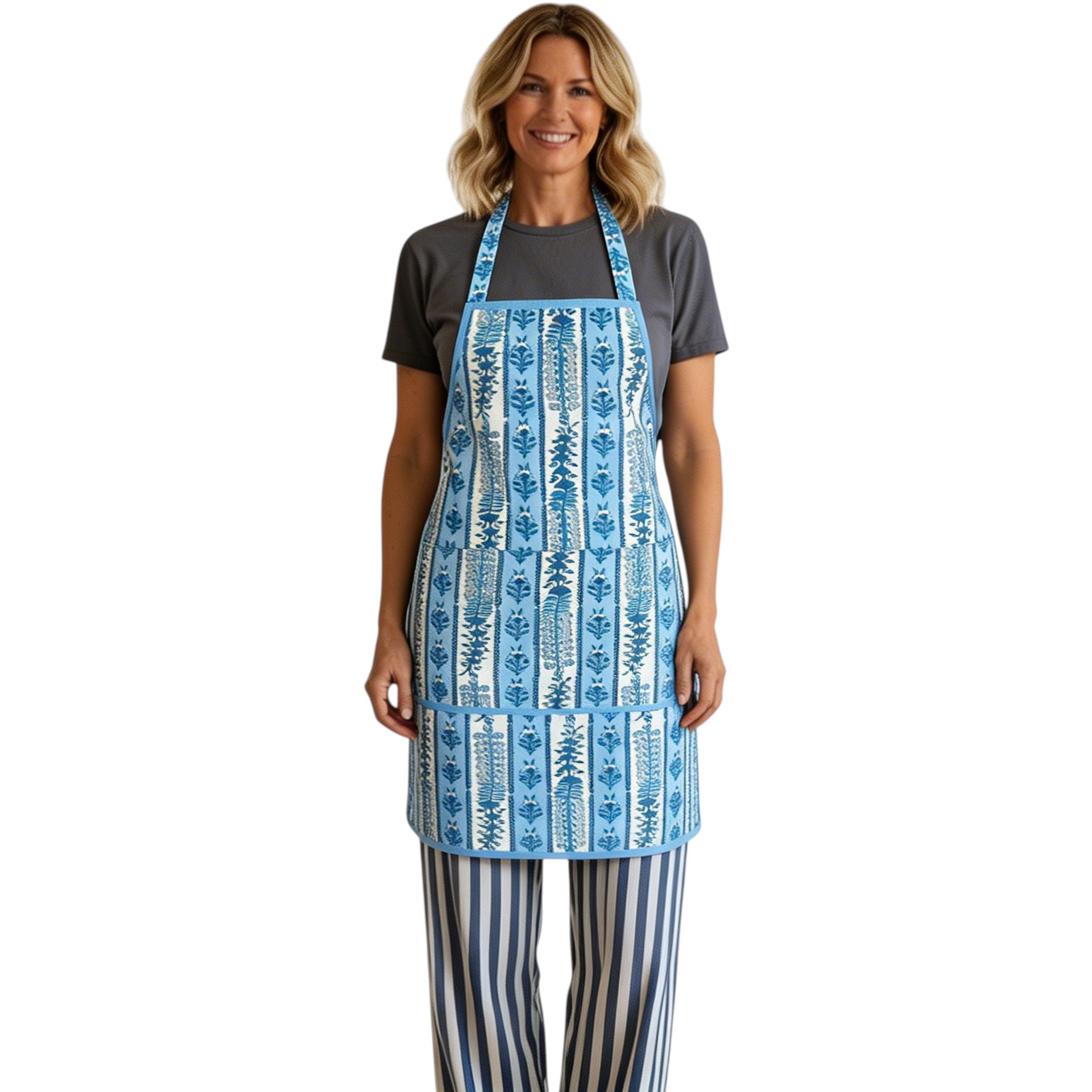 Indian Block-Printed 100 Cotton Apron Trellis Blue Booti 104113