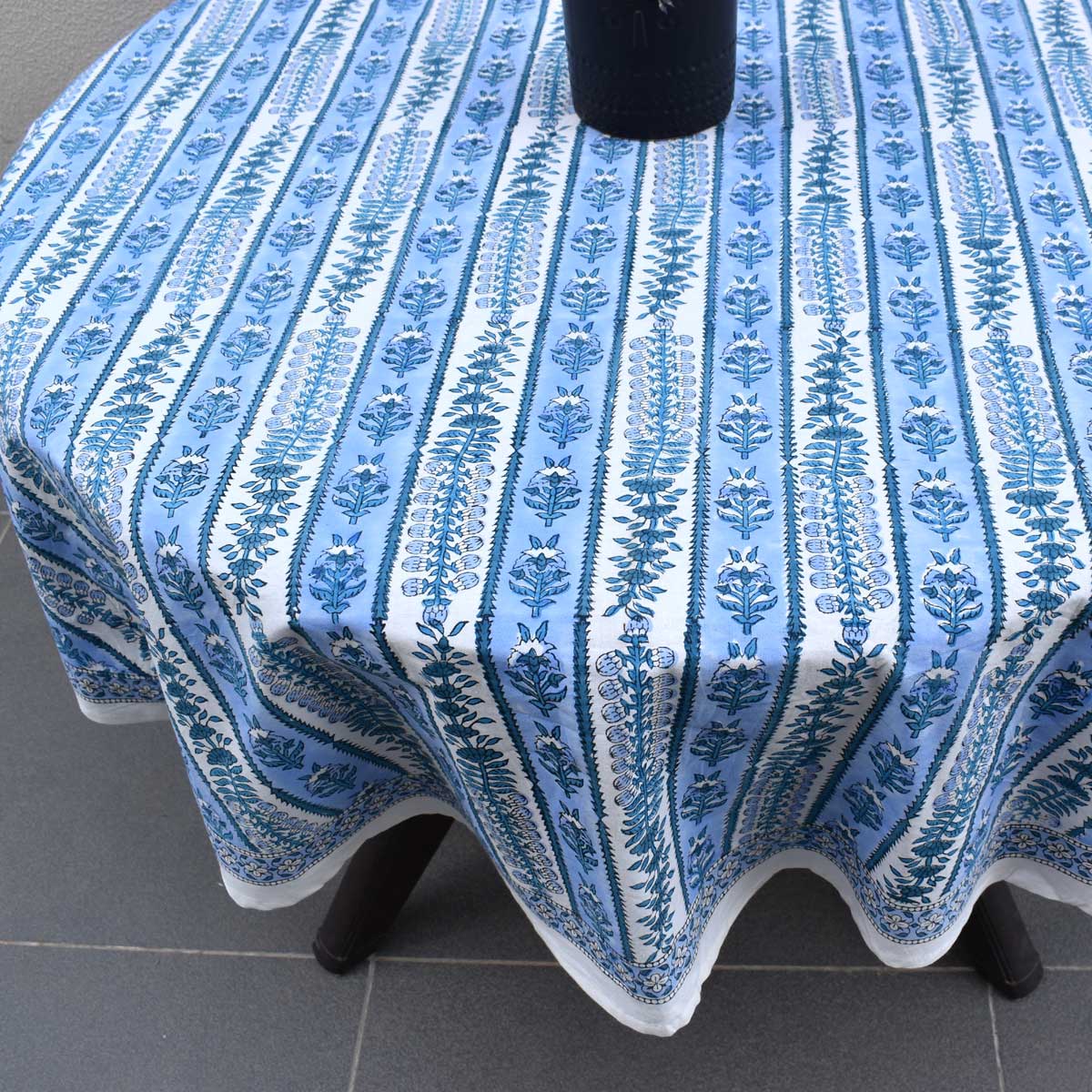 Hand Block Printed Cotton Round Tablecloth 150 cms Trellis Blue Booti 104113