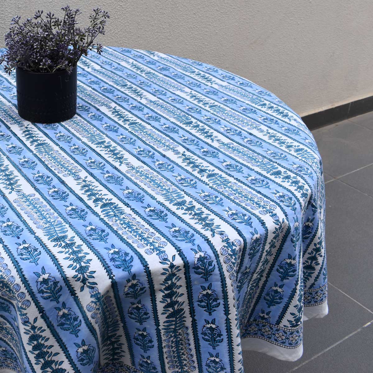 Hand Block Printed Cotton Round Tablecloth 150 cms Trellis Blue Booti 104113