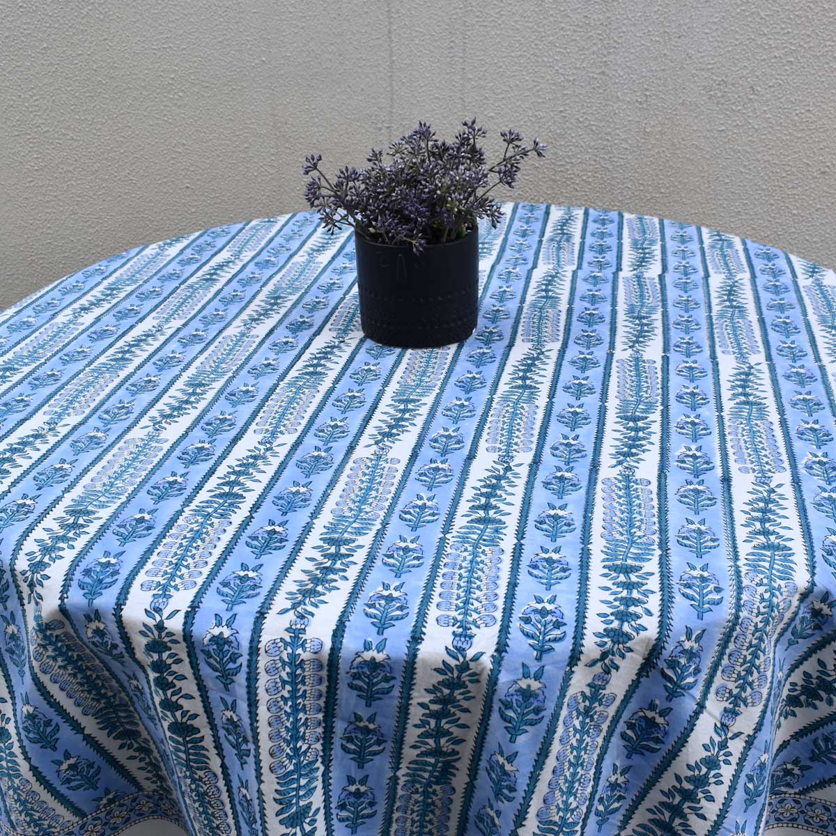 Hand Block Printed Cotton Round Tablecloth 150 cms Trellis Blue Booti 104113