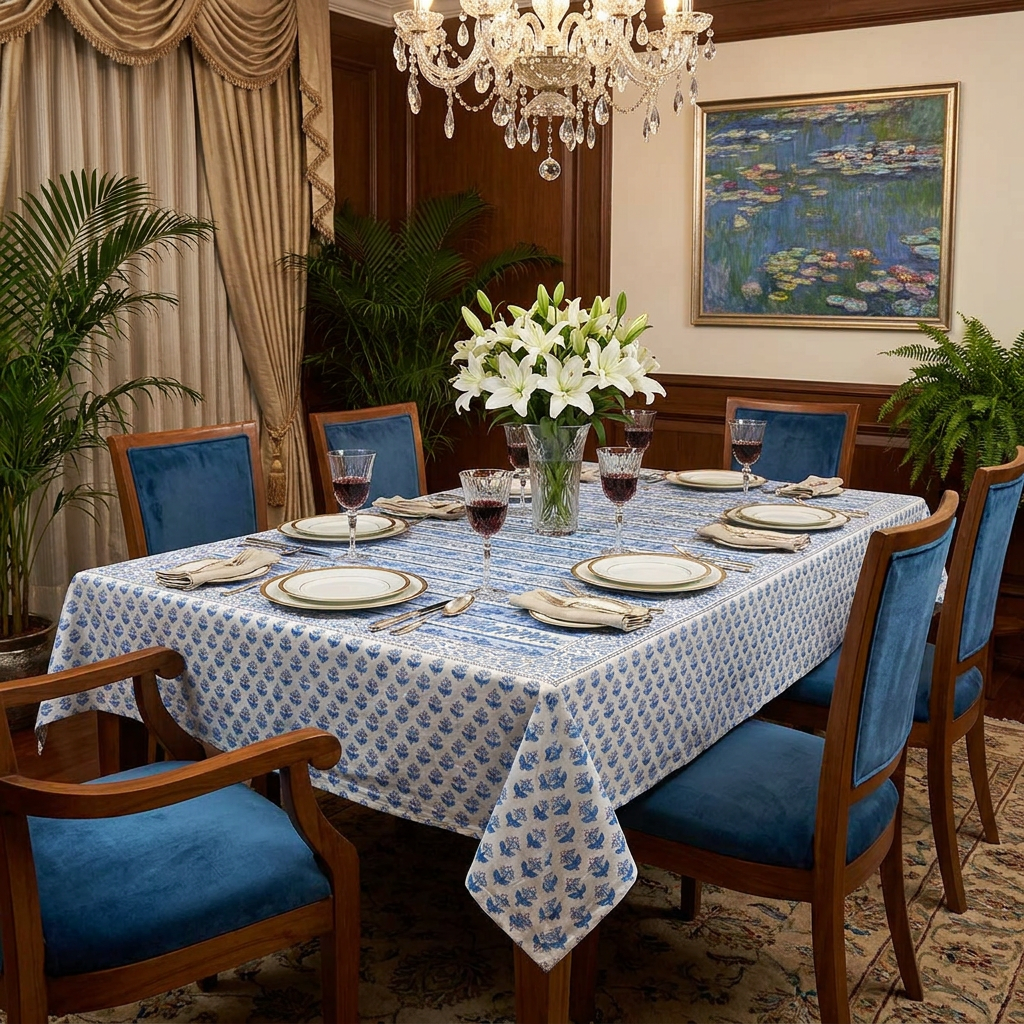 Hand Block Printed Cotton Tablecloth 220 x 220 cms Trellis Blue Booti 104113