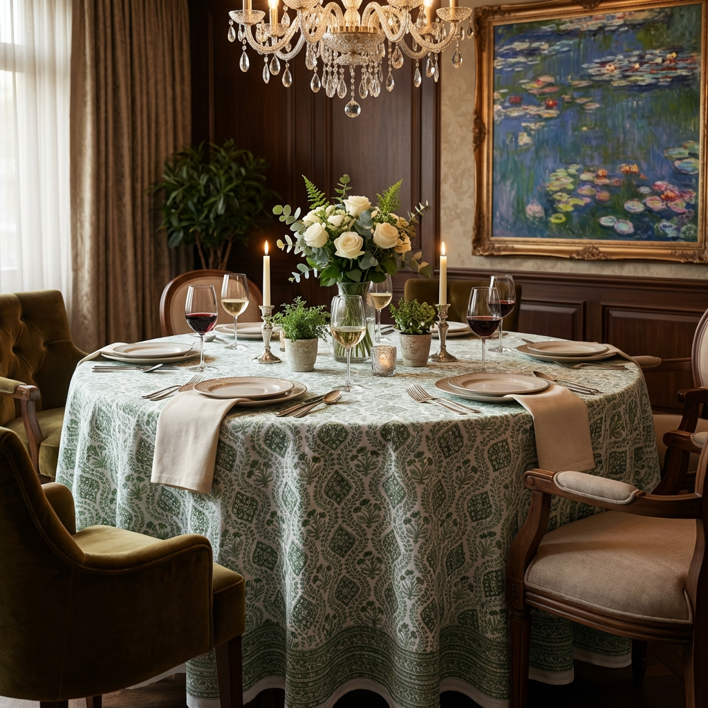 Round 220 cms Cotton French Design Table Cover Trellis Shale Green 202517