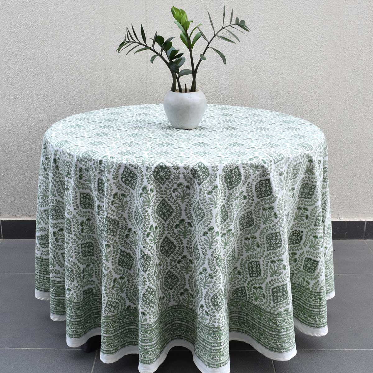 Round 220 cms Cotton French Design Table Cover Trellis Shale Green 202517