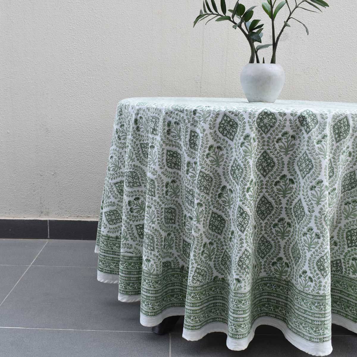 Round 220 cms Cotton French Design Table Cover Trellis Shale Green 202517